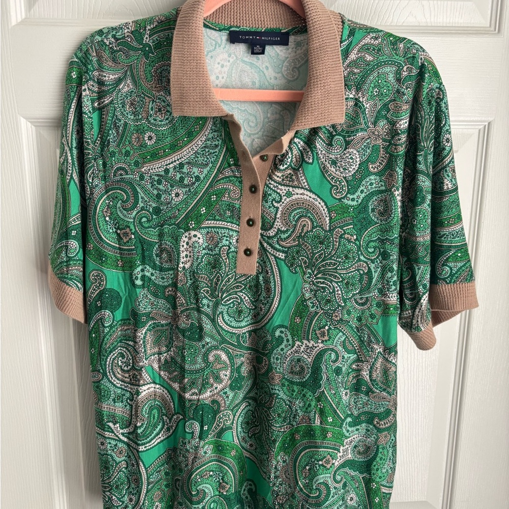 Tommy Hilfiger Green Paisley Polo with Tan Accents